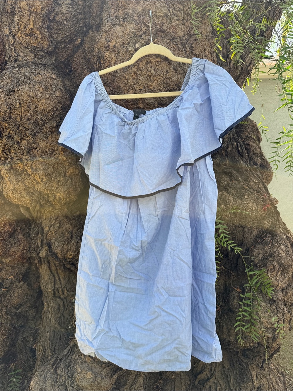 J. Crew Light Blue Off-Shoulder Ruffle Dress with Black Trim